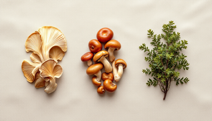 Turkey tail, reishi and maitake mushrooms arranged on cream linen
