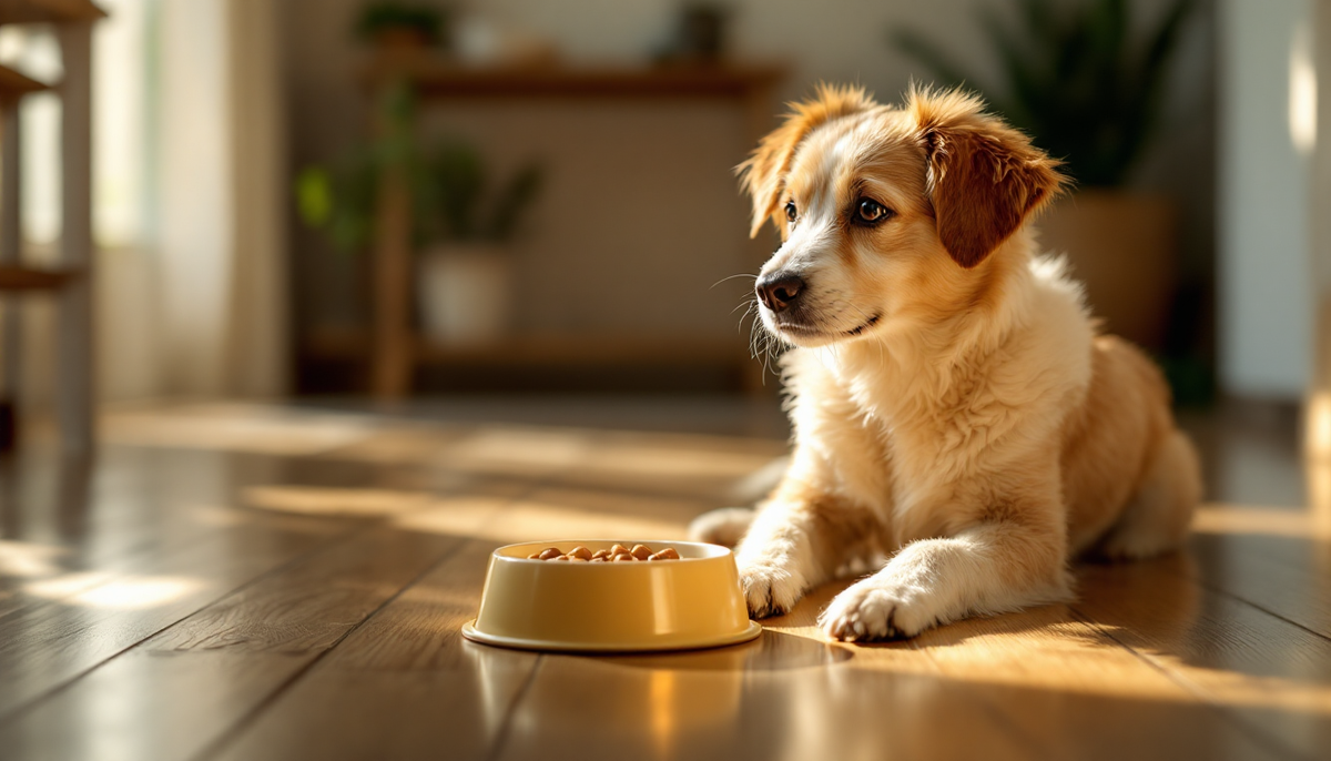 An older dog sitting beside a ceramic food bowl in warm daylight