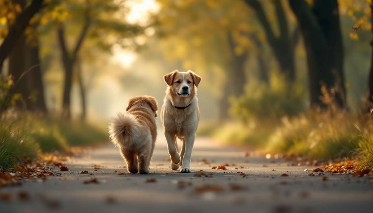 A senior dog on a calm morning walk with its owner