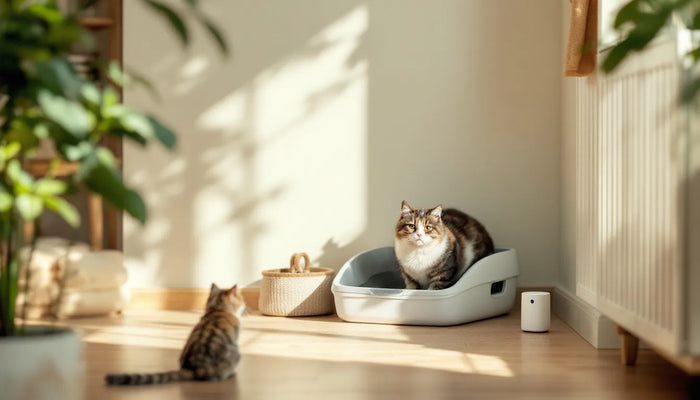 A calm cat beside a tidy home litter area with a small litter odor deodorizer device