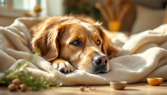 Calm senior golden retriever resting at home, mushroom supplements for dogs