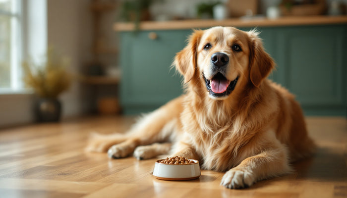 Calm senior golden retriever at home with healthy teeth — how to clean a dog's teeth without brushing