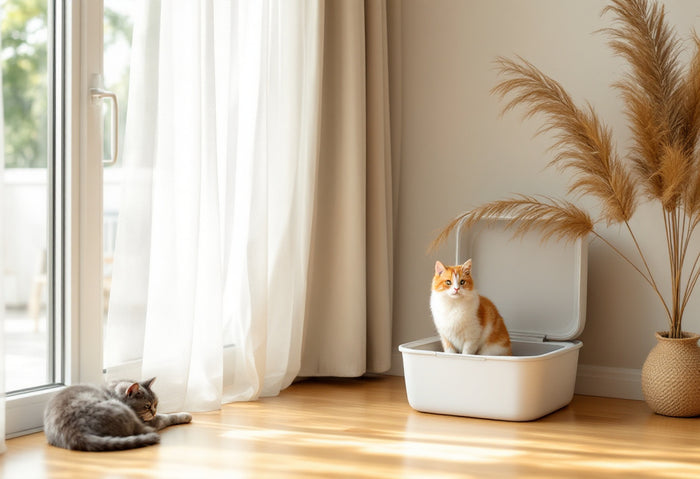 Two cats in a bright, tidy living room with an open window and a clean litter box, illustrating multi-cat litter box odor control