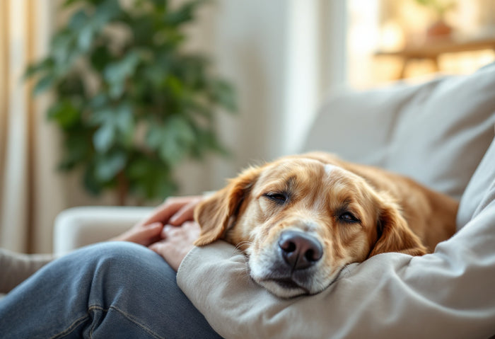 A calm senior dog with a greying muzzle resting its head on an owner's lap at home, ready for a gentle at-home teeth and gum check