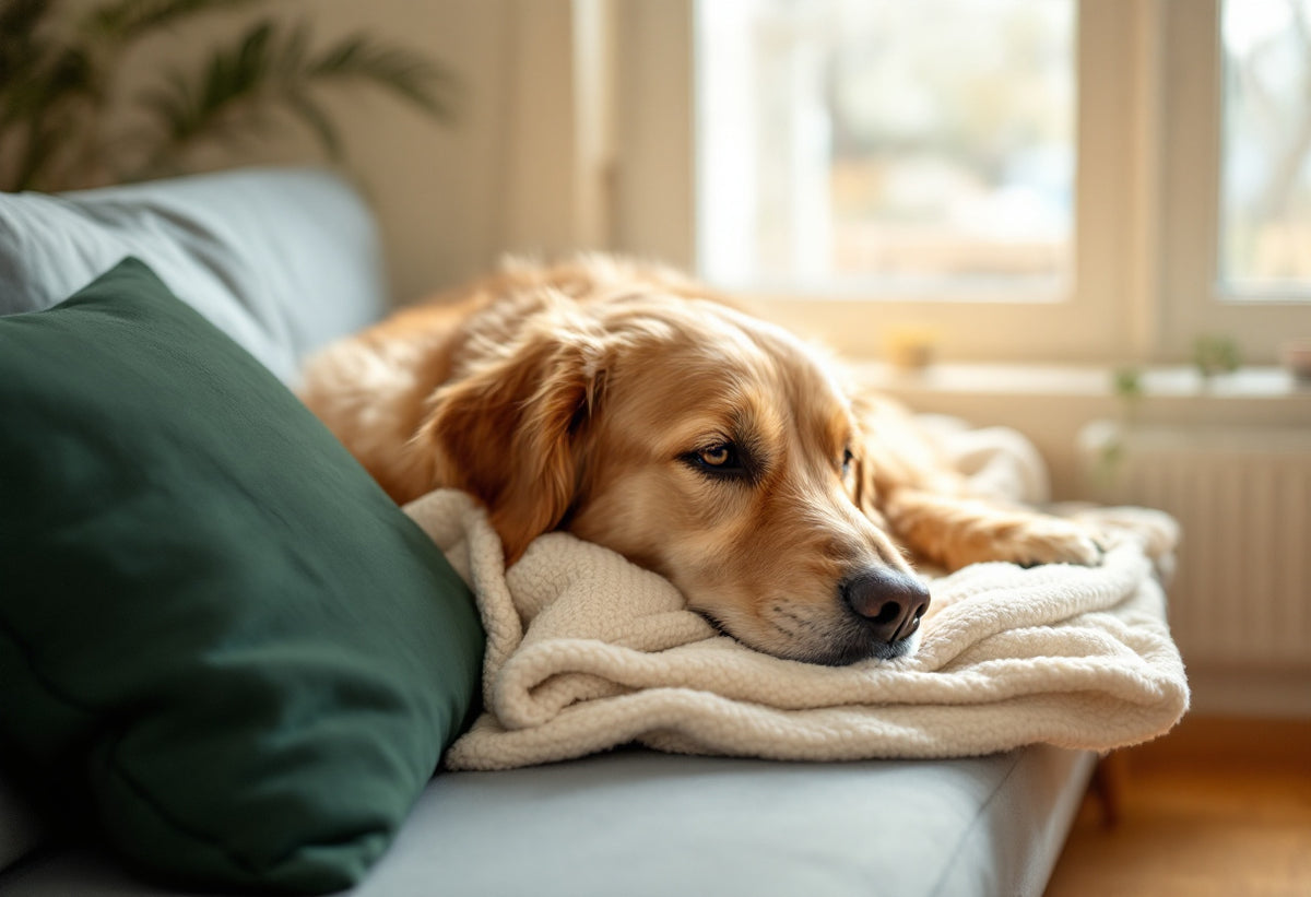 Calm senior golden retriever with a greying muzzle resting on a cream blanket in a sunlit living room, illustrating beta-glucans for dogs and daily immune support