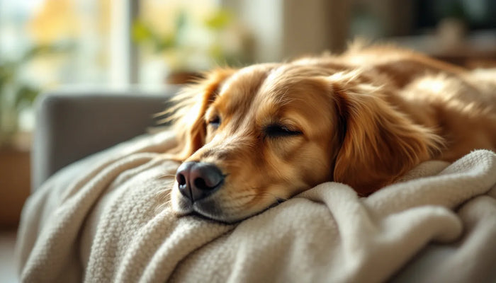 Calm senior golden retriever resting at home, an image about senior dog immune support