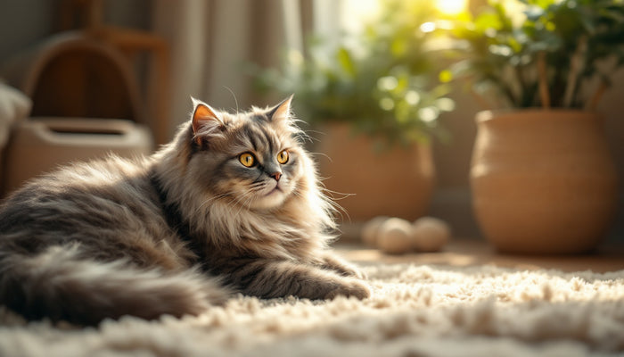 Calm senior cat resting in a tidy, sunlit home corner near a clean litter box area — why an older cat's litter box smells worse
