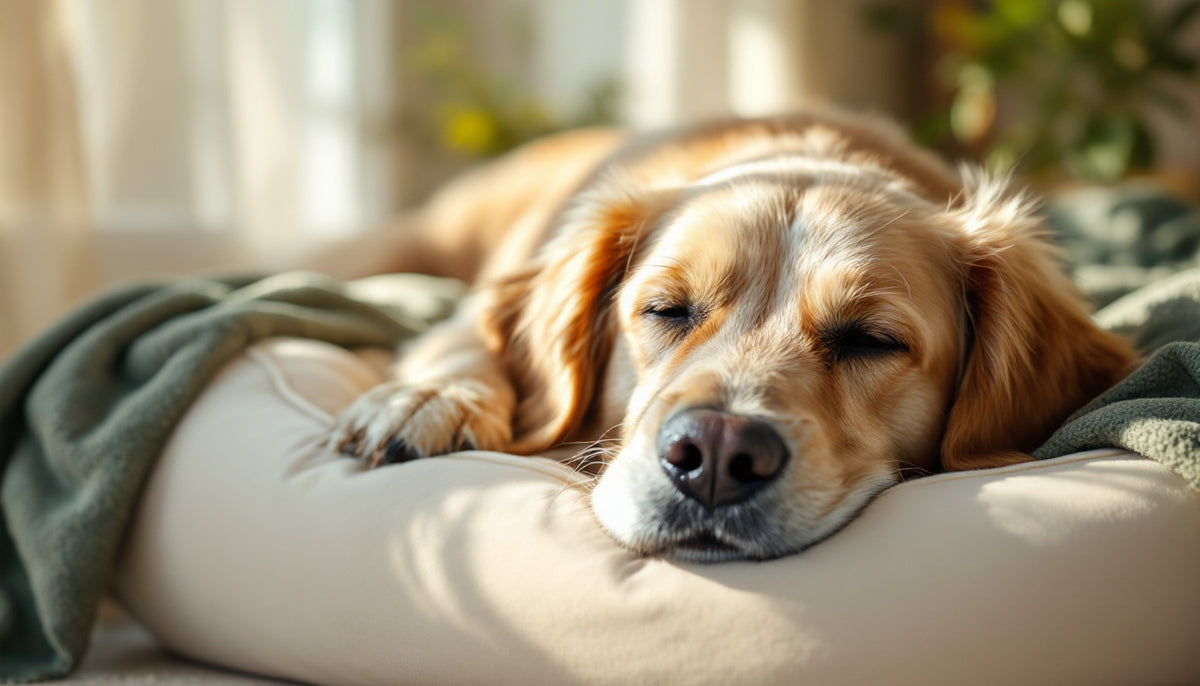 Calm senior golden retriever resting on a cream bed, illustrating support for a senior dog's immune system