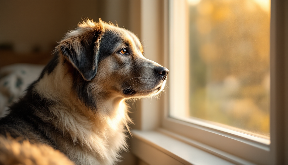 A senior dog with a grey muzzle sitting calmly by a sunlit window