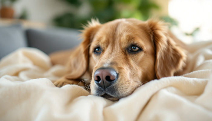Calm senior dog resting at home, a reminder to clean your senior dog's teeth daily