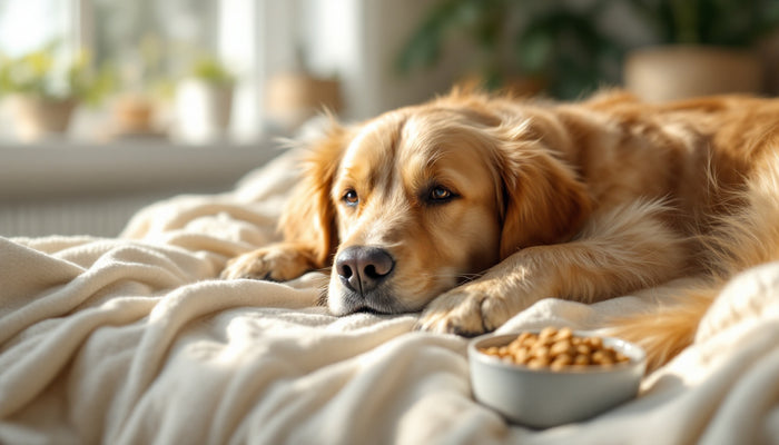Calm senior dog resting at home beside a food bowl dusted with dental powder