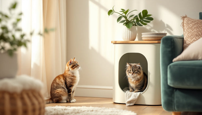 Calm cat beside a clean litter area in a tidy small apartment, the setup for getting rid of litter box smell