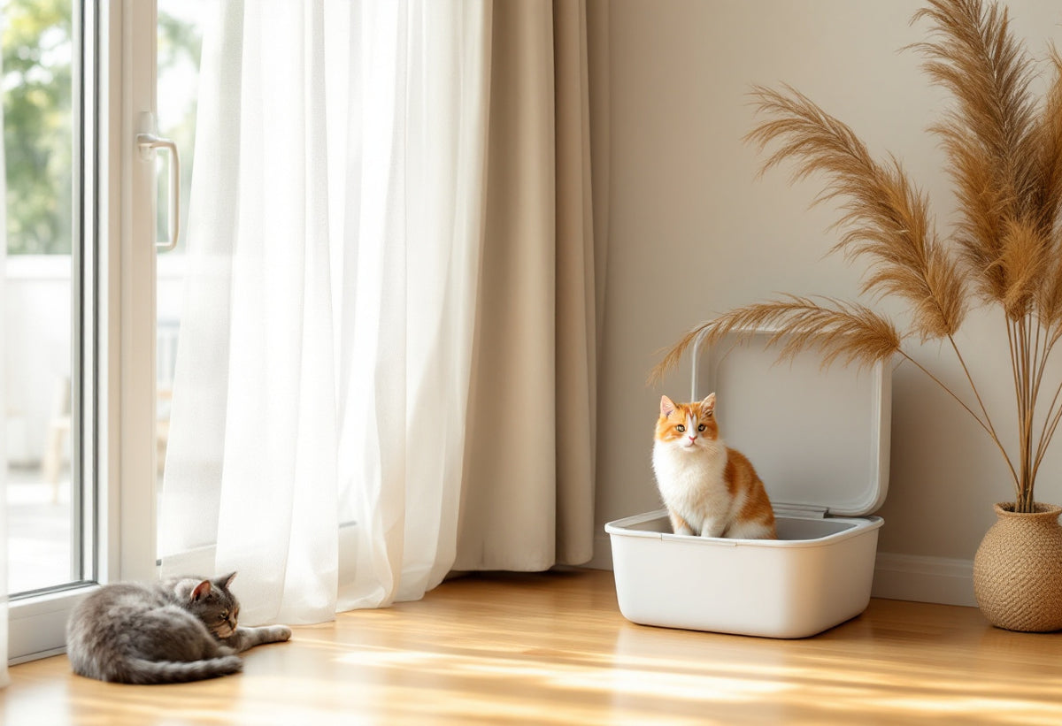 Two cats in a bright, tidy living room with an open window and a clean litter box, illustrating multi-cat litter box odor control