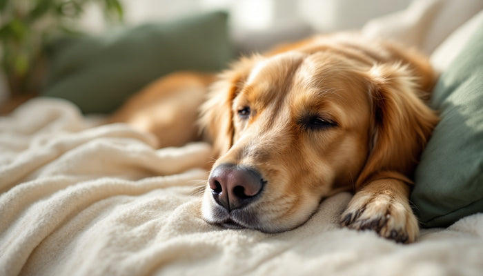 Calm senior golden retriever resting at home, illustrating how long mushroom supplements take to work in dogs