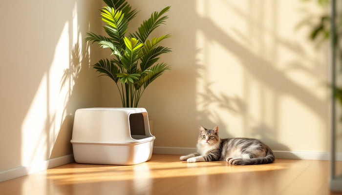 Clean litter box corner in a bright summer apartment with a relaxed cat — keeping litter box smell under control in summer