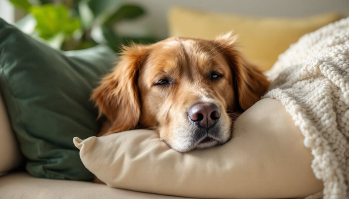 Calm senior golden retriever with a graying muzzle resting at home — why senior dogs get bad breath and what helps