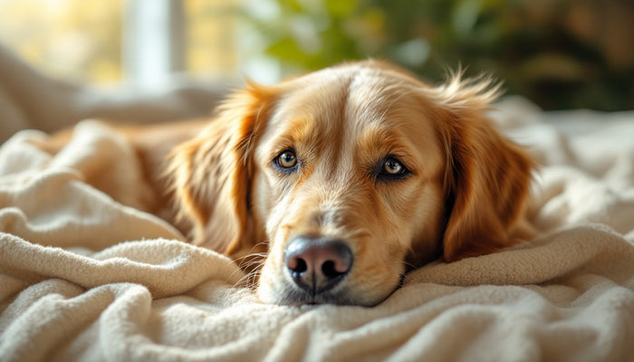 Calm senior dog resting at home, a good candidate for at-home plaque and tartar care