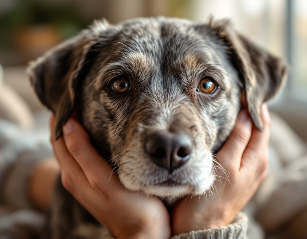 An older dog's greying face gently held in its owner's hands at home