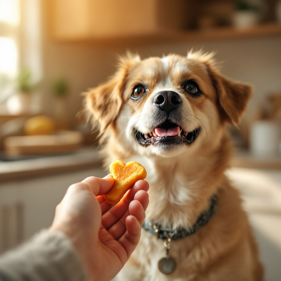 A happy older dog looking up at a treat in a cozy sunlit kitchen