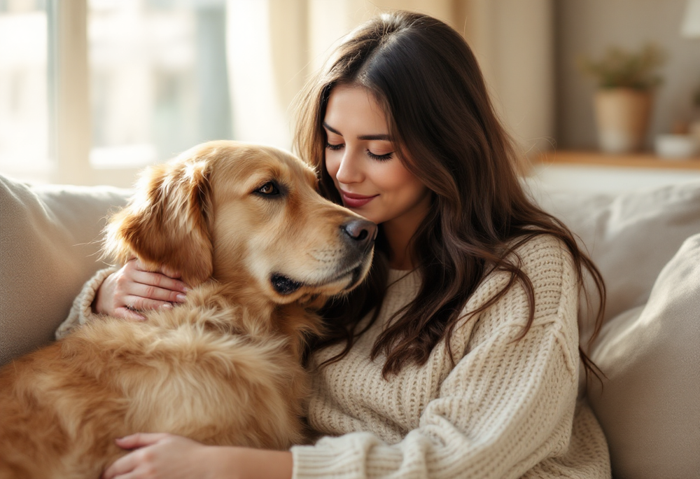 A woman gently nuzzling her senior golden retriever on a sunlit sofa