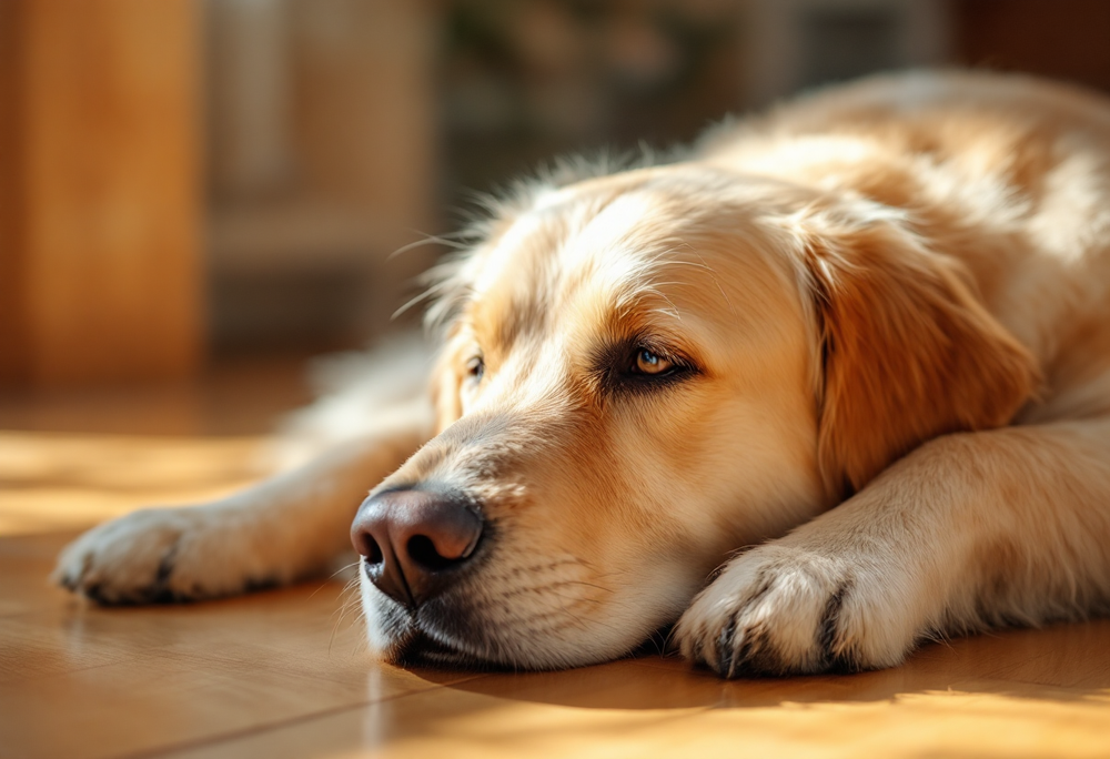 A senior golden retriever resting on a warm kitchen floor in morning light