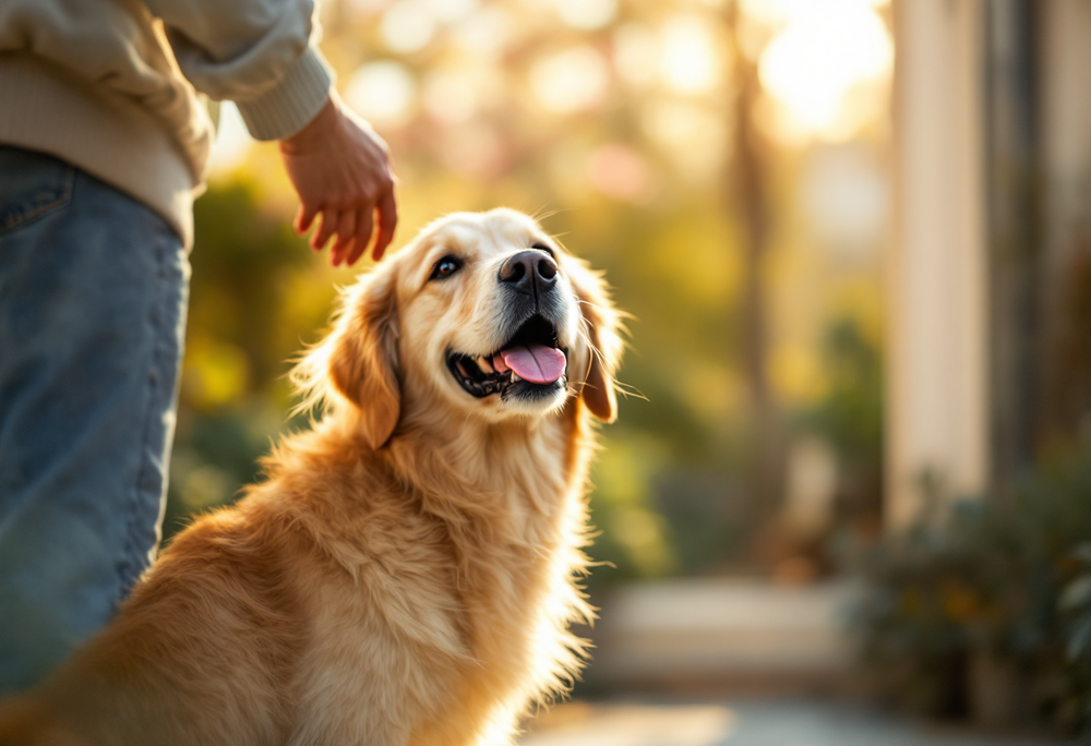 A senior golden retriever greeting its owner's hand brightly at a sunlit door
